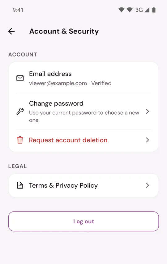 Account and Security with Email address, Change password and Request account deletion
