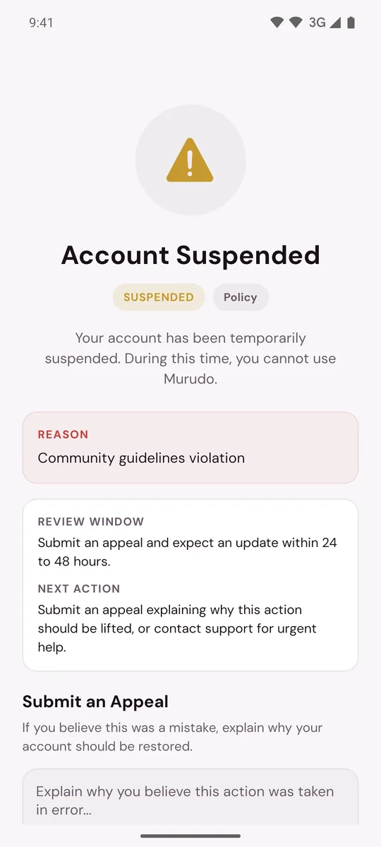 The Account Suspended screen with the reason, the review window and the Submit an Appeal box