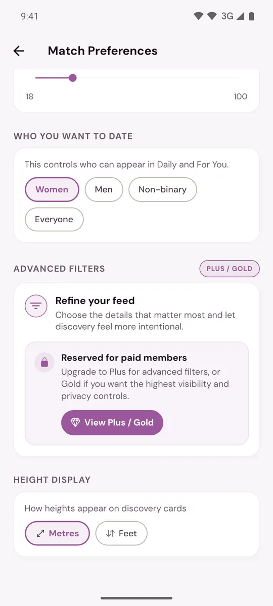 The lower half of Match Preferences with Advanced Filters and, below it, Height Display
