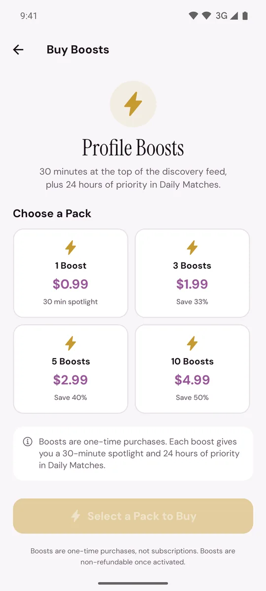 The Buy Boosts screen with the four packs: 1, 3, 5 and 10 boosts