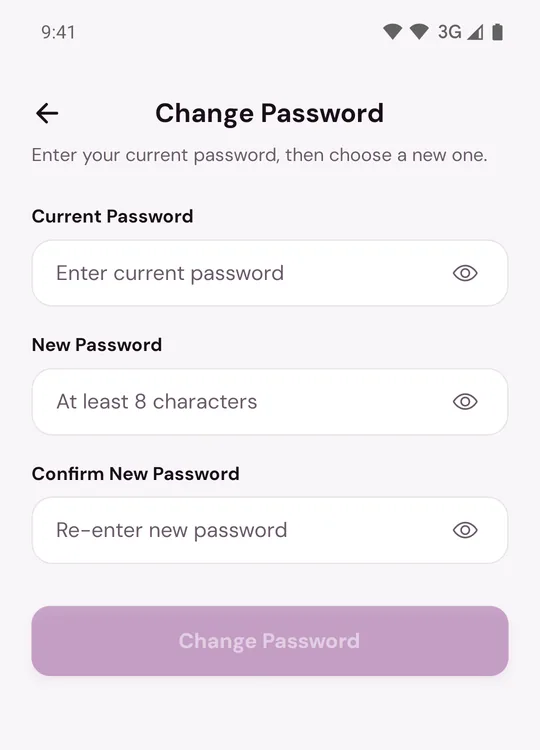 Change Password, with Current Password, New Password and Confirm New Password