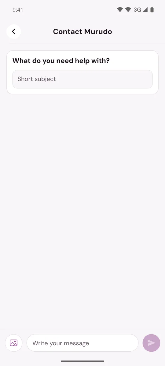 A new message to Murudo support with the Short subject field and the message box