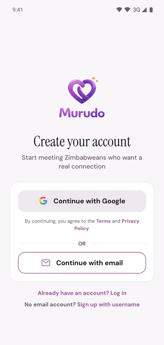 Create your account, with Continue with Google, Continue with email and Sign up with username