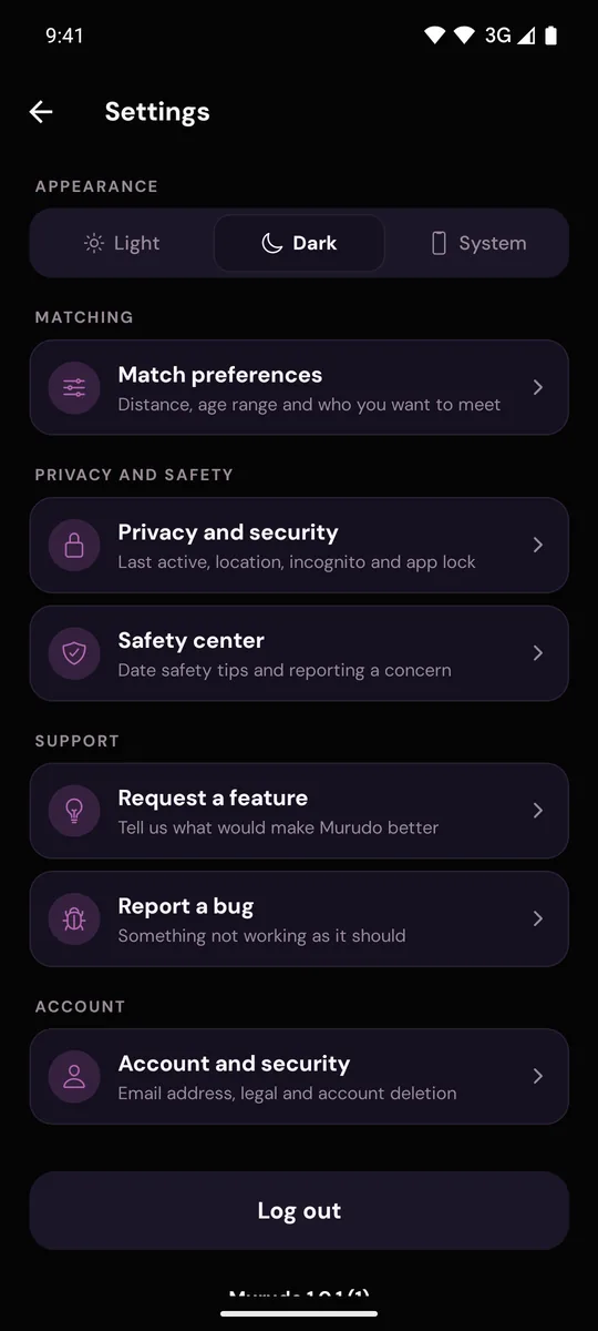 Settings with Dark chosen under Appearance and the whole screen on a dark background