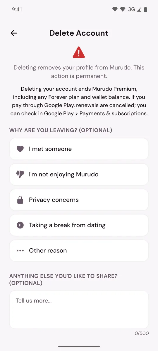The Delete Account screen with the warning and the list of reasons