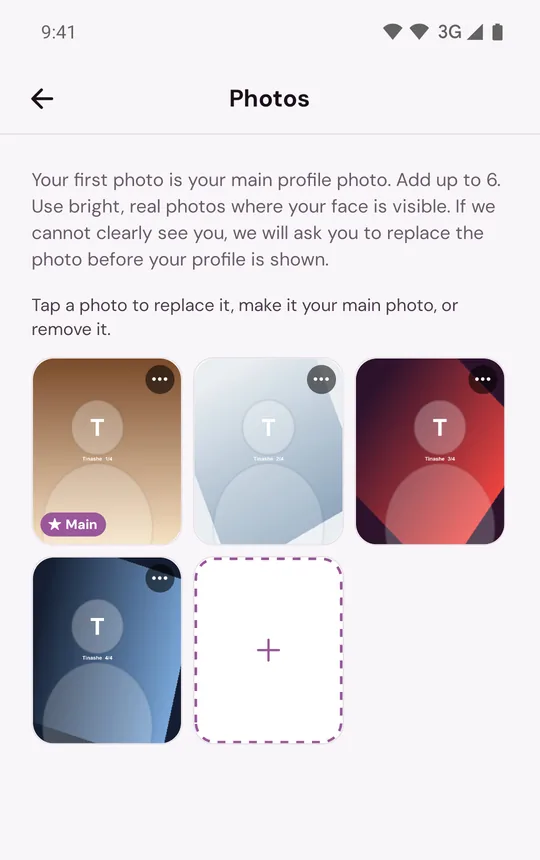 Photos in Edit Profile with the photo tiles and an empty tile for adding one