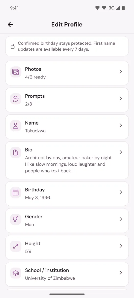 Edit Profile with a row each for Photos, Prompts, Name, Bio, Birthday, Gender, Height and more