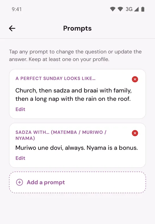 Prompts in Edit Profile, showing each question with its answer, an Edit button and Add a prompt