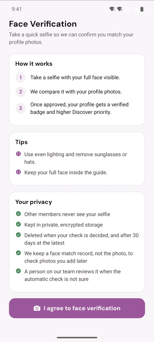 The Face Verification screen scrolled down to the Your privacy card, with the I agree to face verification button below it