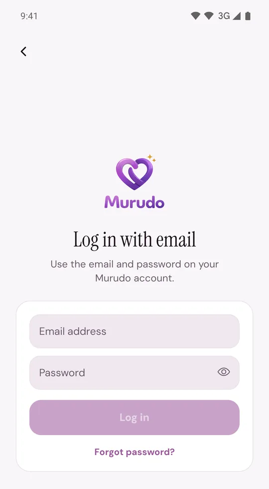Log in with email, with the email and password fields and Forgot password? under the Log in button