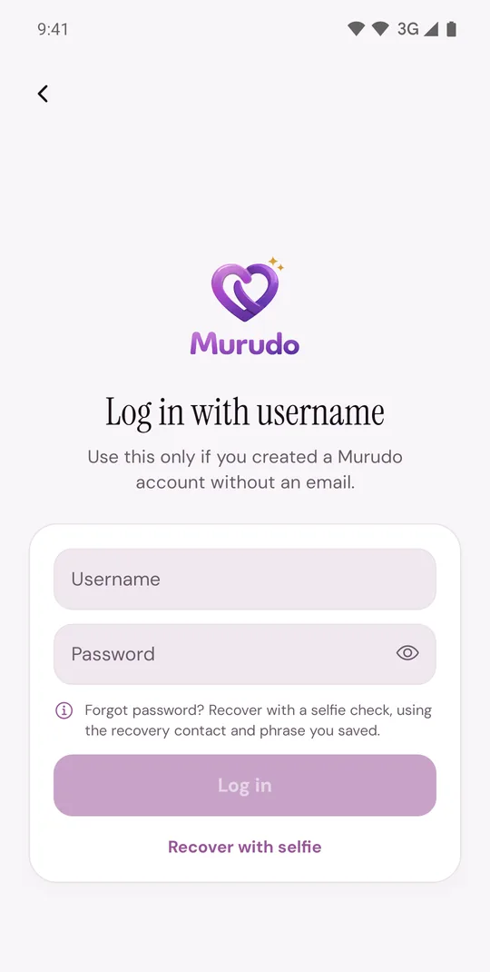 Log in with username, with the username and password fields and Recover with selfie underneath