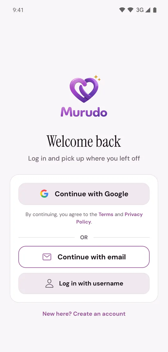 The Welcome back screen with Continue with Google, Continue with email and Log in with username