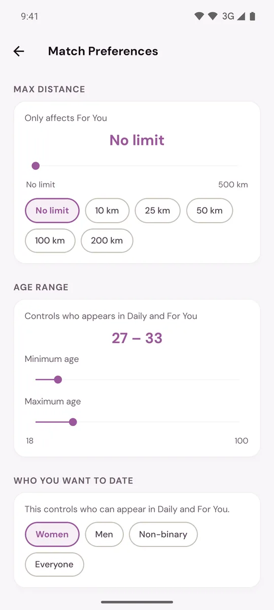 Match Preferences with Max Distance, Age Range and Who You Want To Date