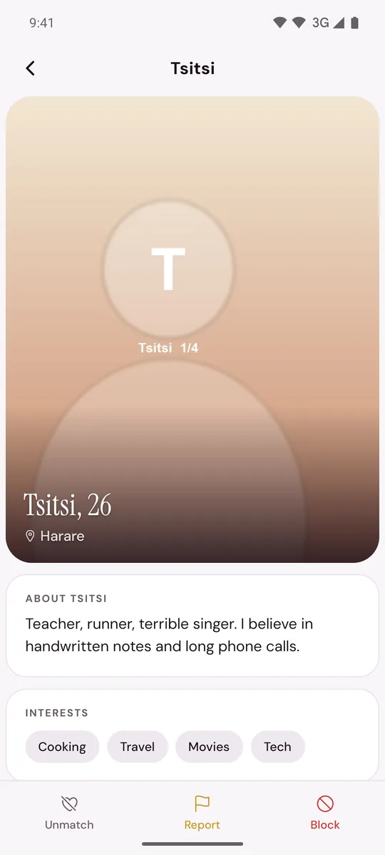 A match's profile with Unmatch, Report and Block along the bottom