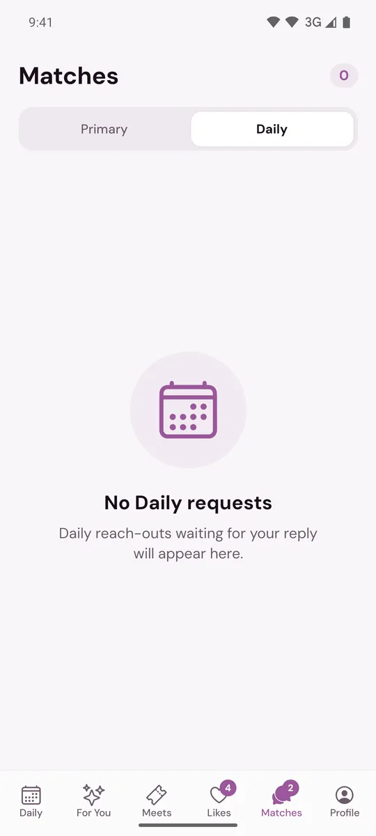 The Daily tab in Matches with requests marked Daily request and the time each one has left