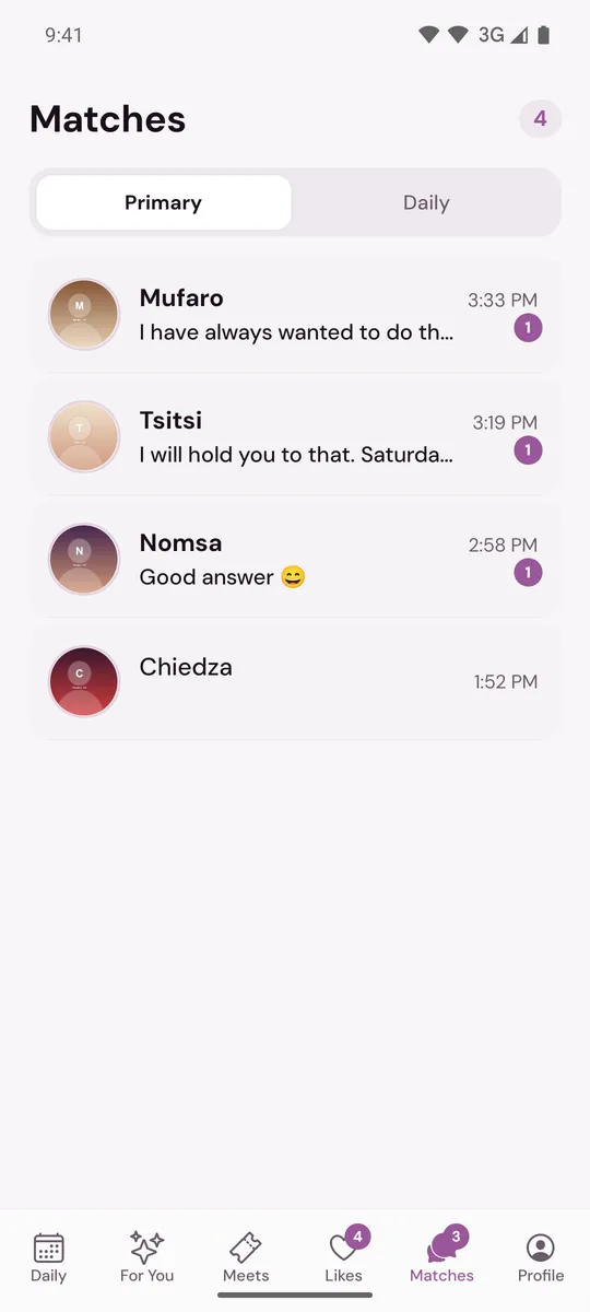 Matches with the Primary and Daily tabs and a list of chats, some with unread counts
