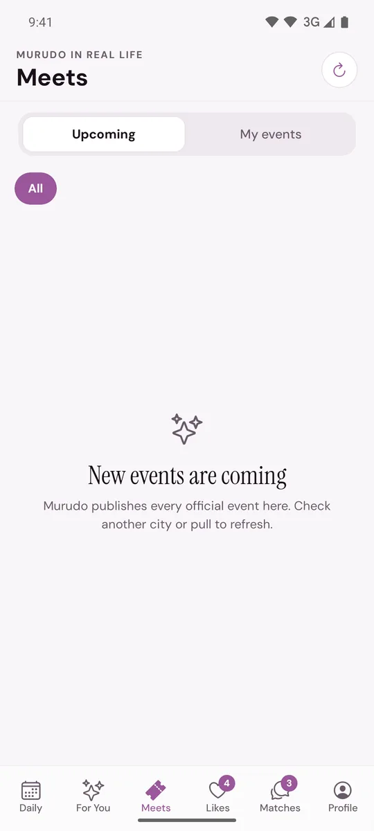 The Meets tab with Upcoming chosen and an event card showing its date, city, price and places left