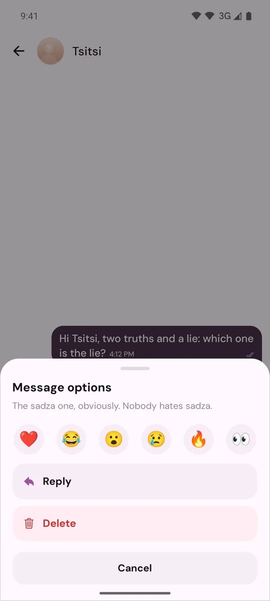 Message options with a row of six reactions, then Reply, Delete and Cancel