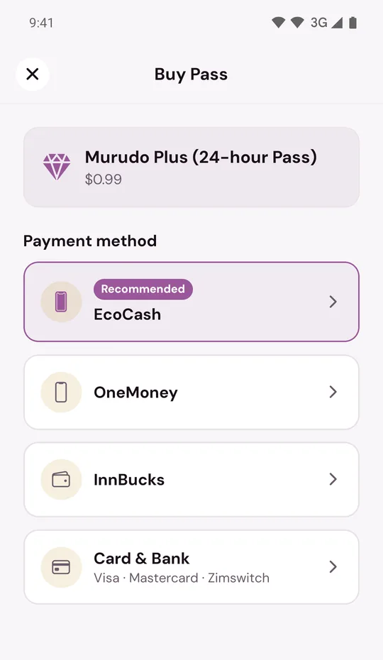 The Buy Pass screen listing EcoCash, OneMoney, InnBucks and Card & Bank