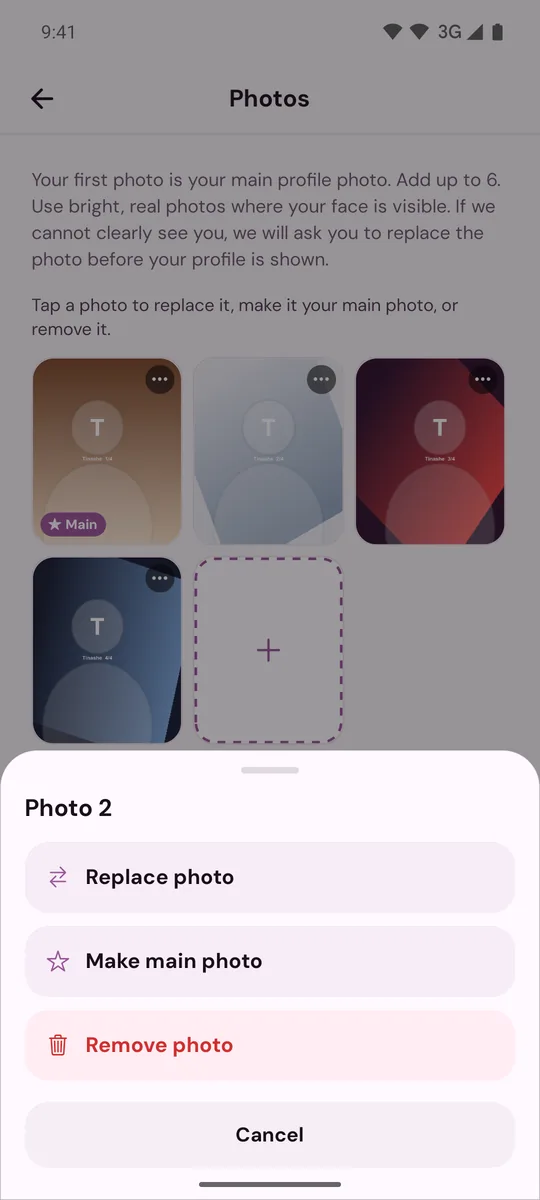 A photo's menu with Replace photo, Make main photo and Remove photo