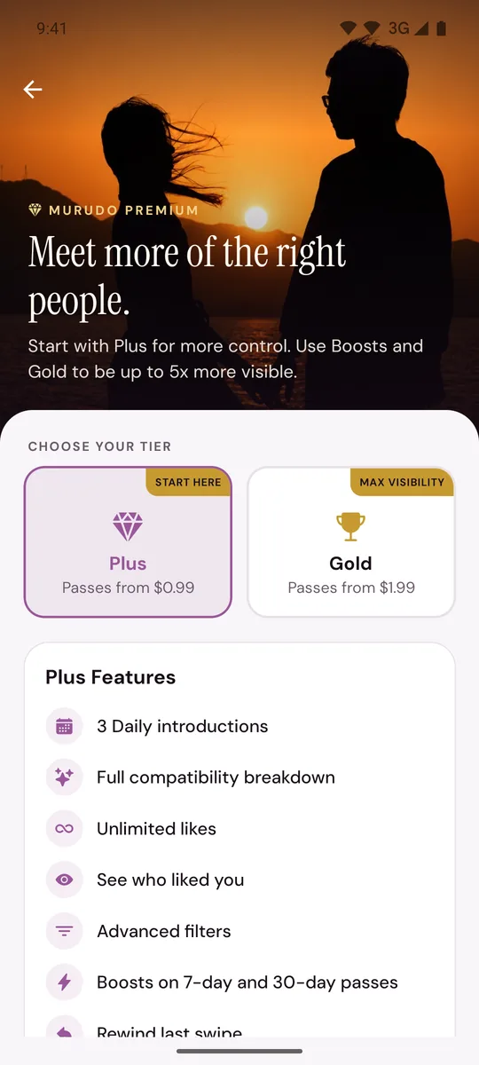 The Murudo Premium screen with the Plus and Gold tiers and the three passes to choose from