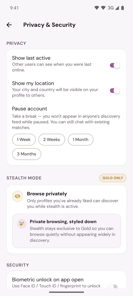 Privacy and Security with Show last active, Show my location and the Pause account choices
