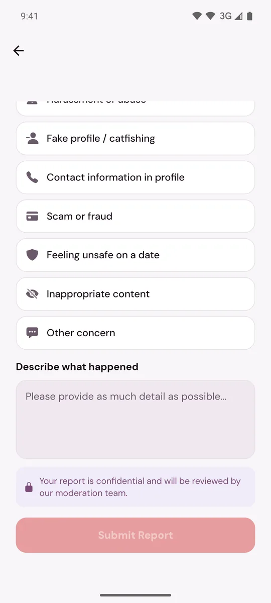 Report an Issue lower down, with the Describe what happened box and Submit Report