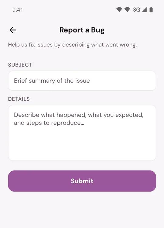 The Report a Bug form with a Subject field, a Details field and Submit