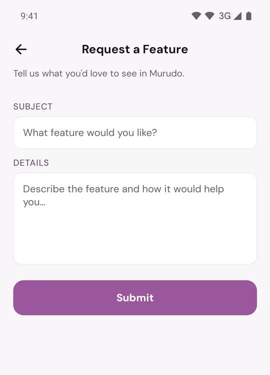 The Request a Feature form with a Subject field, a Details field and Submit