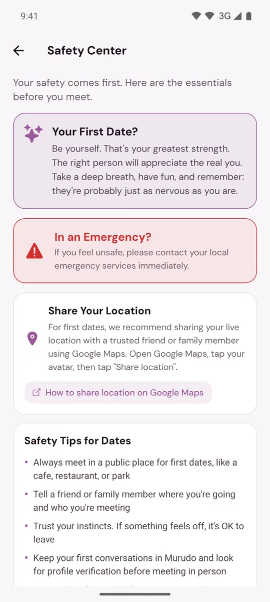 Safety Center with the cards Your First Date, In an Emergency and Share Your Location