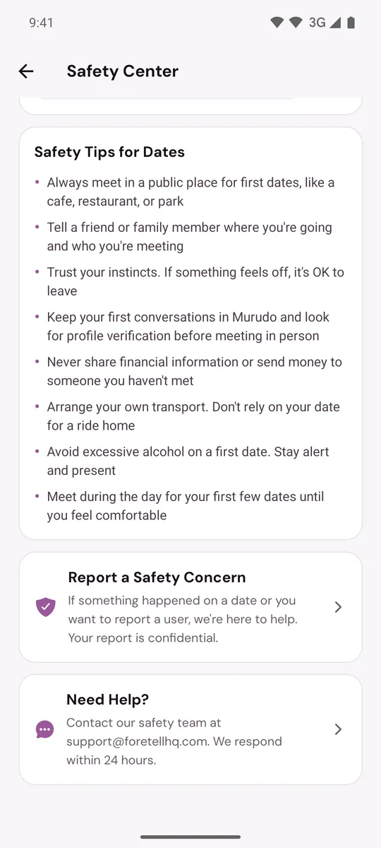 Safety Center lower down, with Safety Tips for Dates and Report a Safety Concern