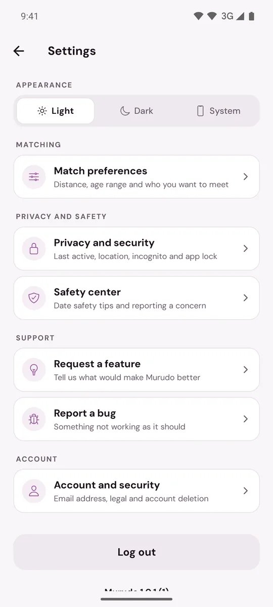 The Settings screen with its rows from Appearance down to Log out