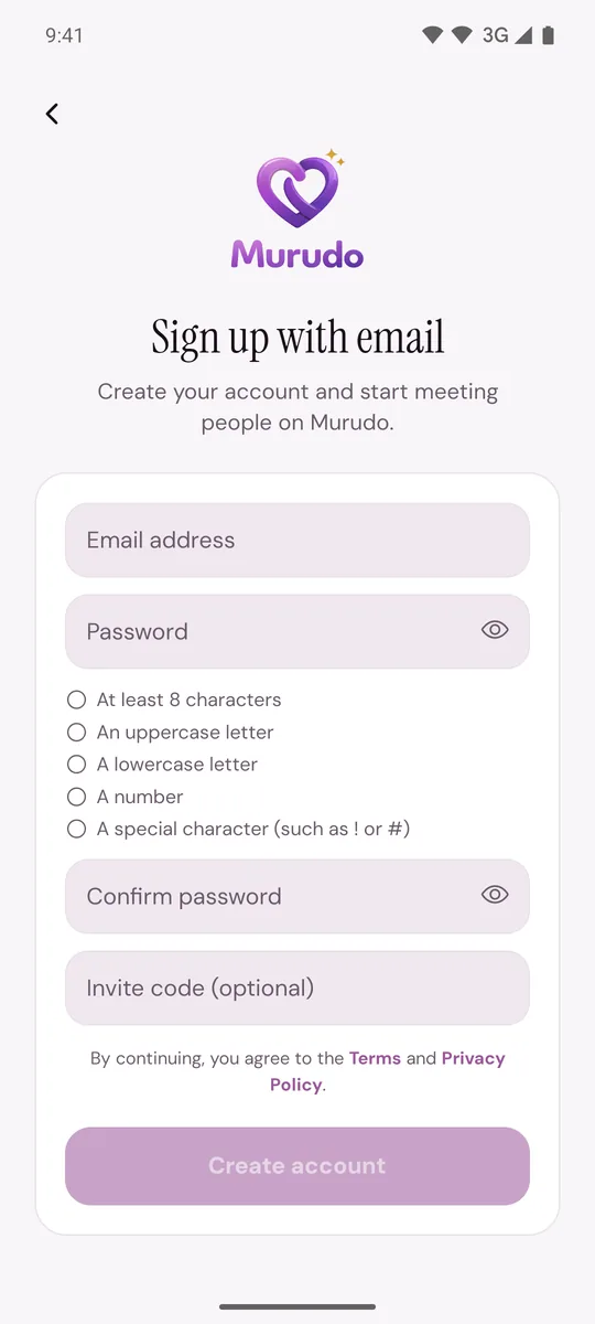 Sign up with email, with the list of password rules under the password box