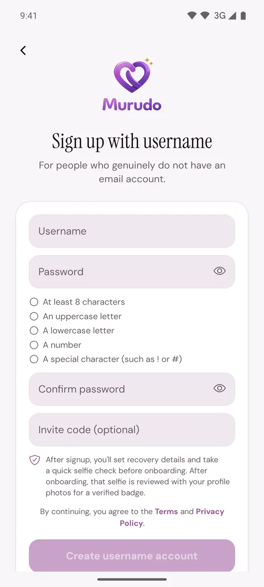 Sign up with username, with boxes for username, password and invite code