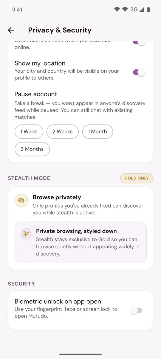 Privacy and Security scrolled down to Stealth Mode and the Biometric unlock on app open switch