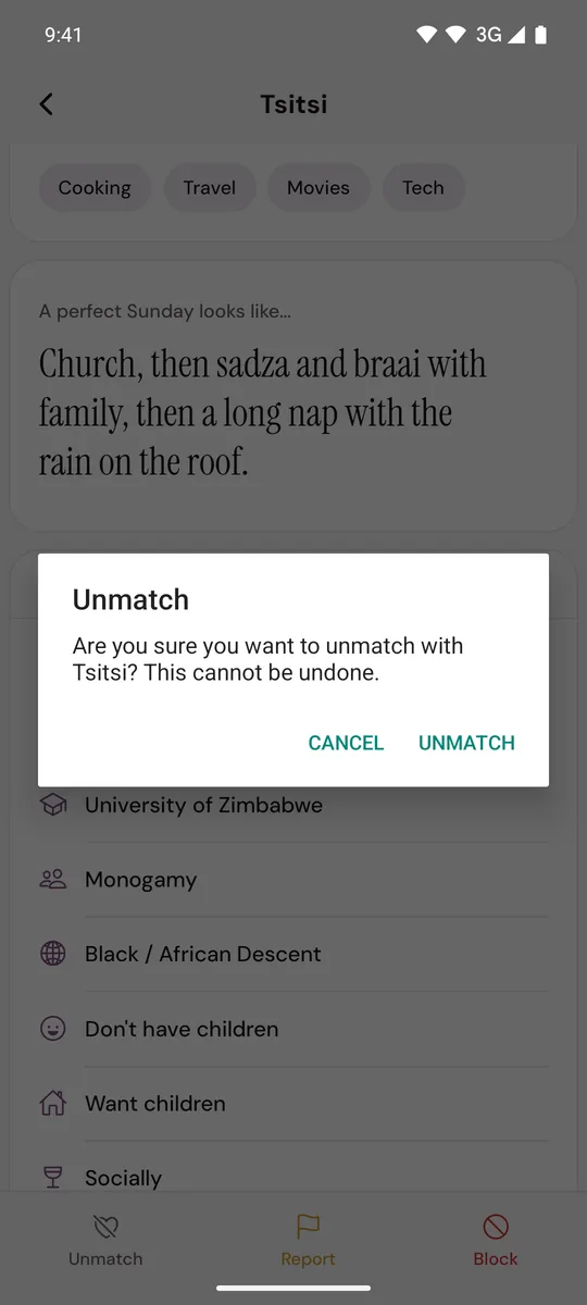 The Unmatch question on a match's profile, with Cancel and Unmatch