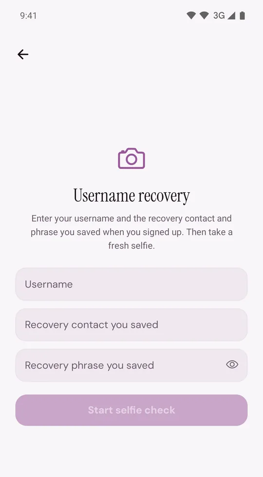 Username recovery, with fields for the username, the recovery contact and the recovery phrase